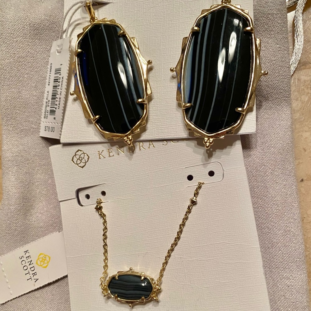 Kendra Scott Set - Baroque Black Banded Agate/Gold Earrings NWT & Necklace NWT